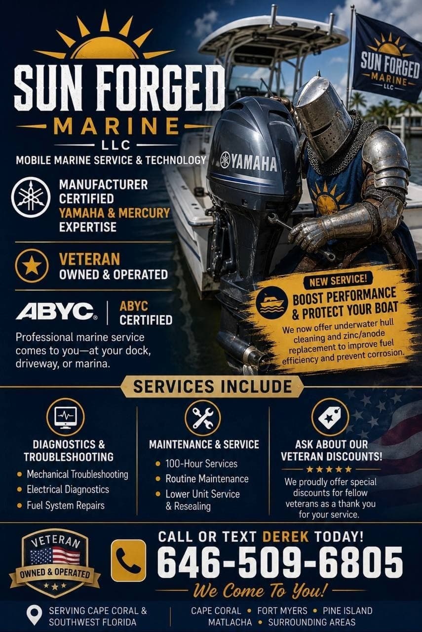 Sun Forged Marine service flyer featuring boat-side marine service branding